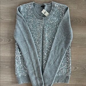 *NWT* ANN TAYLOR grey w/silver sequin cardigan, sz Medium, snap closure